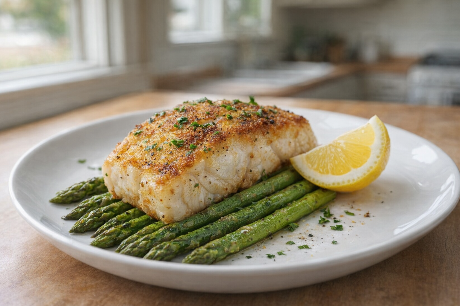Plated pan-fried cod fillet with roasted asparagus and a lemon wedge, light and airy kitchen setting, professional food styling